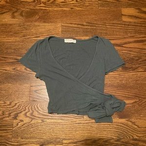 Urban Outfitters Green Ribbed Wrap Short Sleeve Top